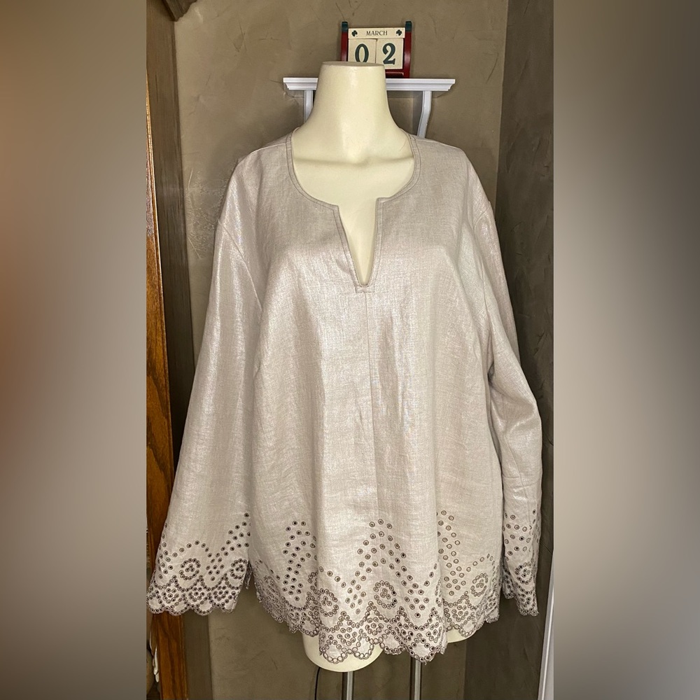 Talbots Women's Top 100% Linen Chic Split Neck Long Sleeve Eyelet Size 22W